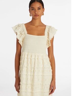 Marie Oliver Kora Ivory Square-Neck Midi Dress with Ruffle Sleeves Sz Medium NWT